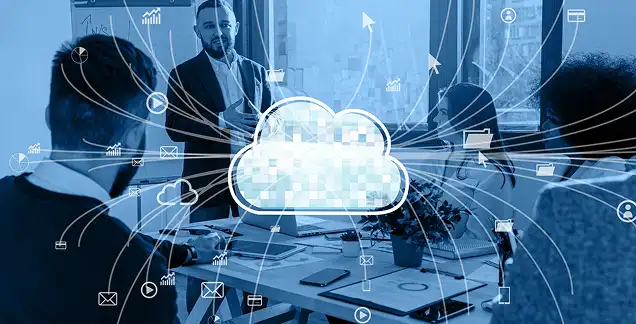 Cloud connectivity illustration over a city network representing cloud management