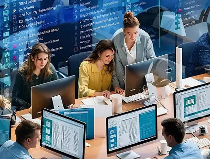IT services team collaborating around shared workstations